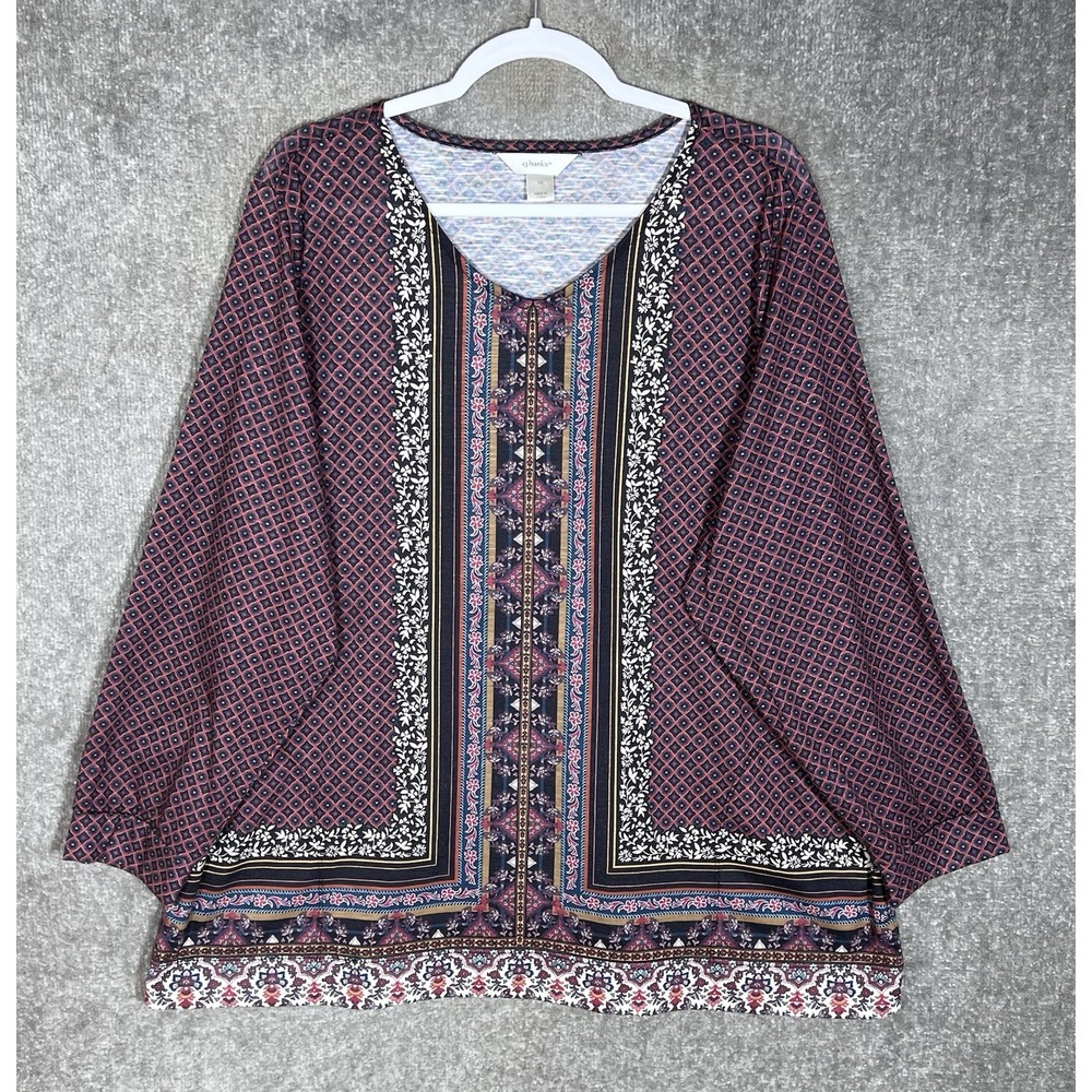 CJ Banks Geometric Floral Top Womens Sz 2X Multicolor Pockets Vneck Long Sleeve